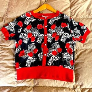 Vintage red tulip and frame corners patterned shirt.